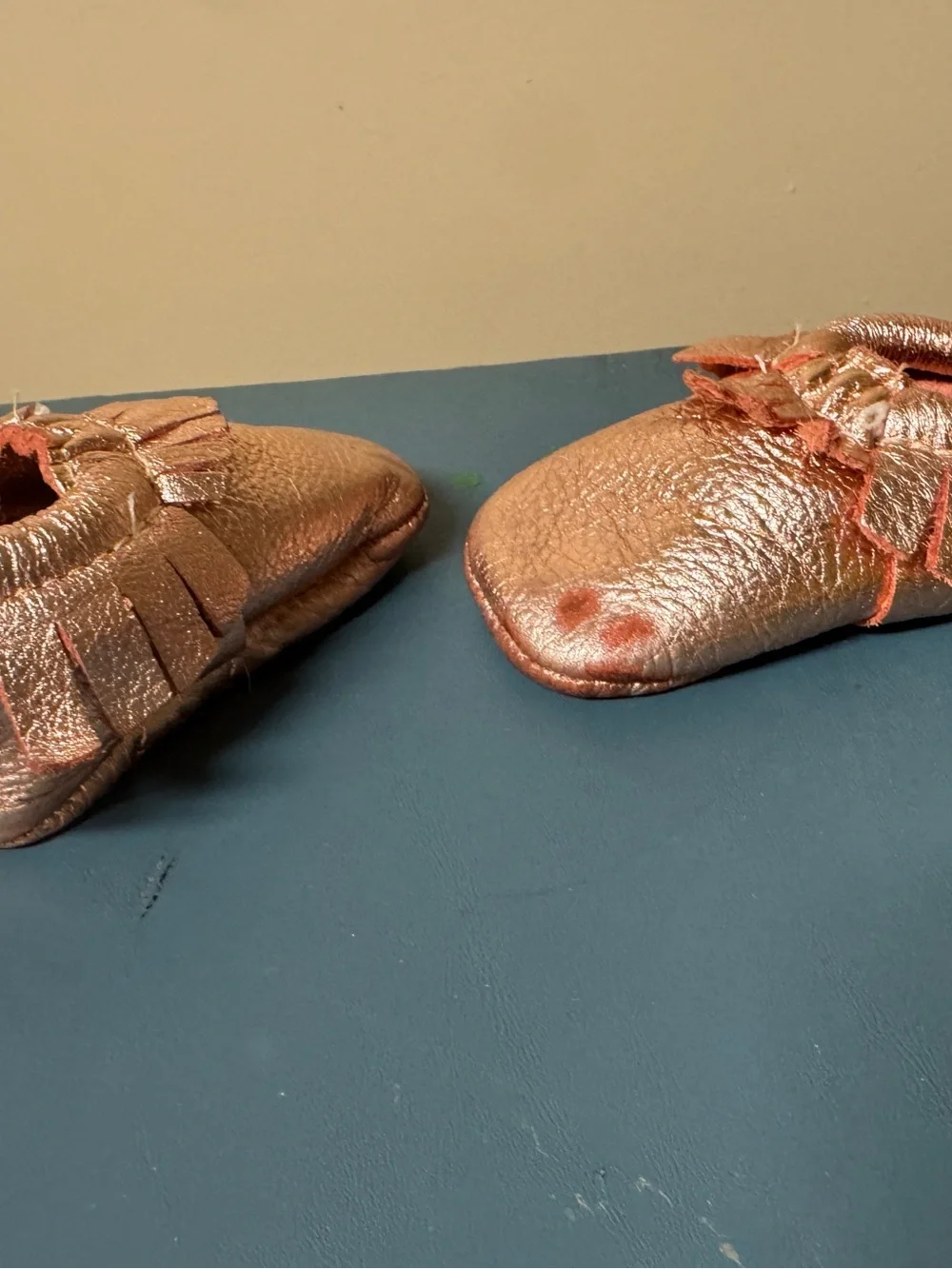 Freshly Picked Rose gold infant moccasins size 2